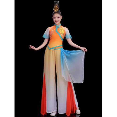 Yellow orange gradient colored Chinese folk dance costume for women female folk classical dance fan umbrella classical dance clothes art test performance suit